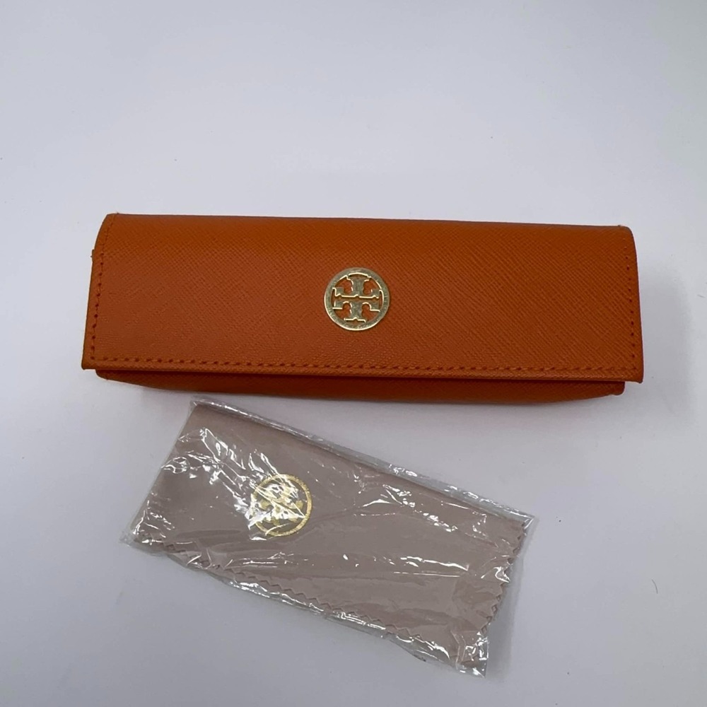 Tory Burch Eyeglasses Case Saffiano Orange Gold Logo Magnetic Cleaning Cloth